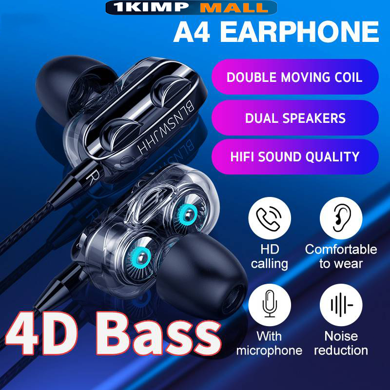 A4 Earphone 4D Bass Double Speaker Wired Headphones with Mic InEar