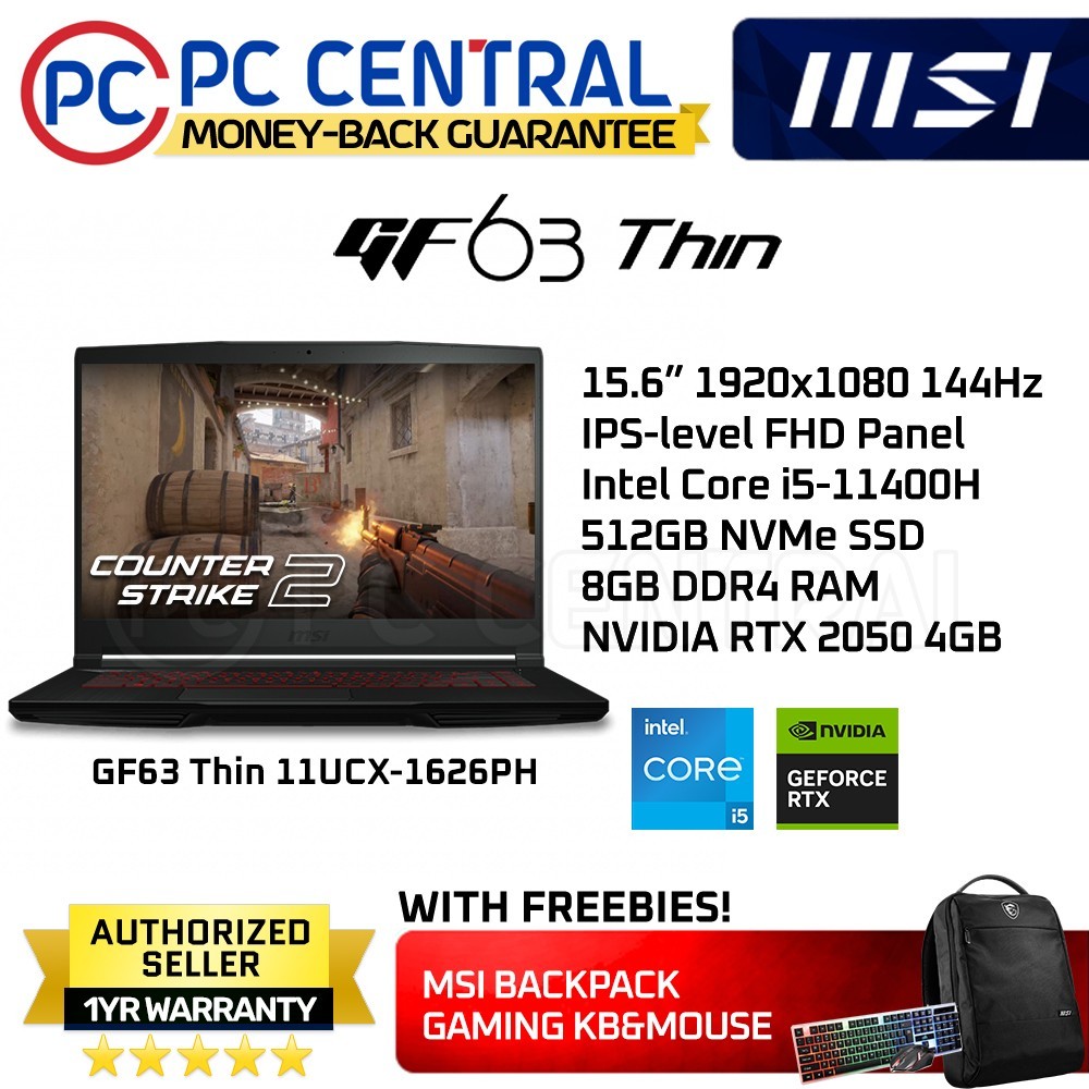 MSI GF63 Thin 15.6 Gaming Laptop, FHD 144Hz, Intel Core i5-11400H