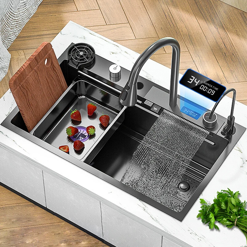 Kitchen Sink SUS304 Stainless Steel Black Sink 3mm With Waterfall Pull