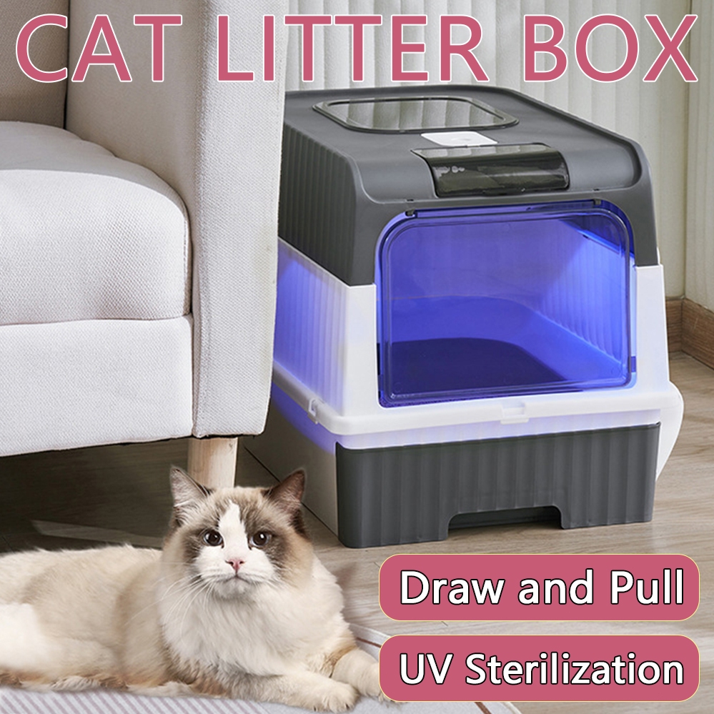 Foldable Cat Litter Box With Sifter Tray UV Sterilization Big Enclosed ...