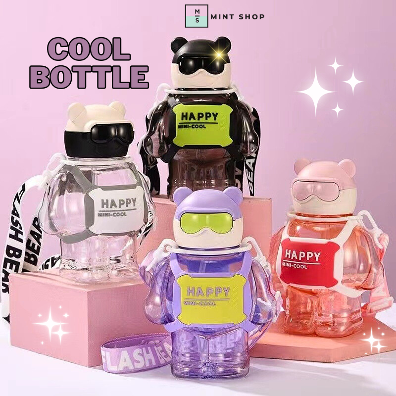 800ml Cool Bear Water Bottle With Strap Straw Portable Tumbler Mug For ...