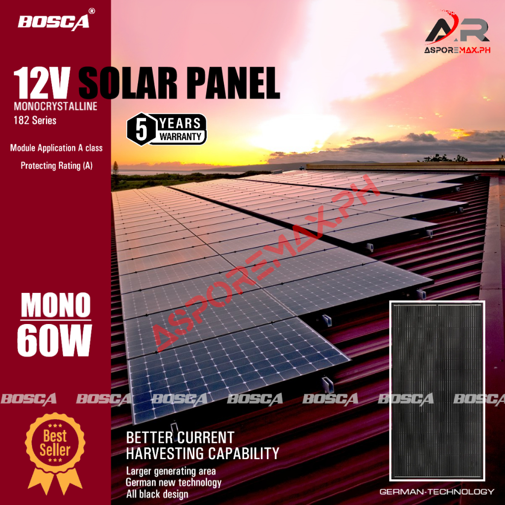 BOSCA 5Year Warranty #182 Series 60W Monocrystalline 12V Solar Panel ...