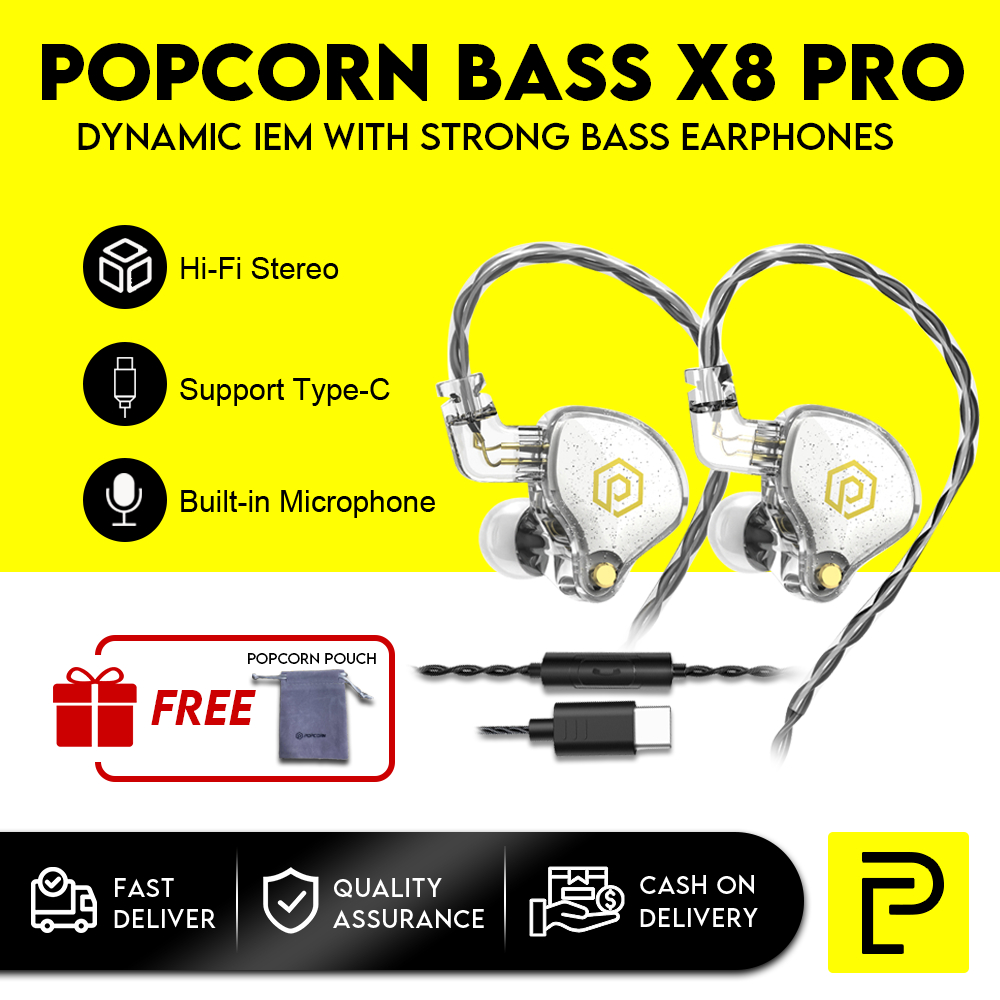 Popcorn Bass X8 Pro Dynamic Earphones Hi Fi Bass Earbuds In Ear Monitor Removable Mic Shopee 3151