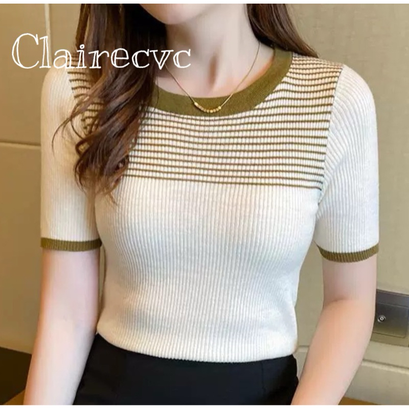 Korean Fashion Knitted Striped Short Sleeve Women Summer Top Basic T ...