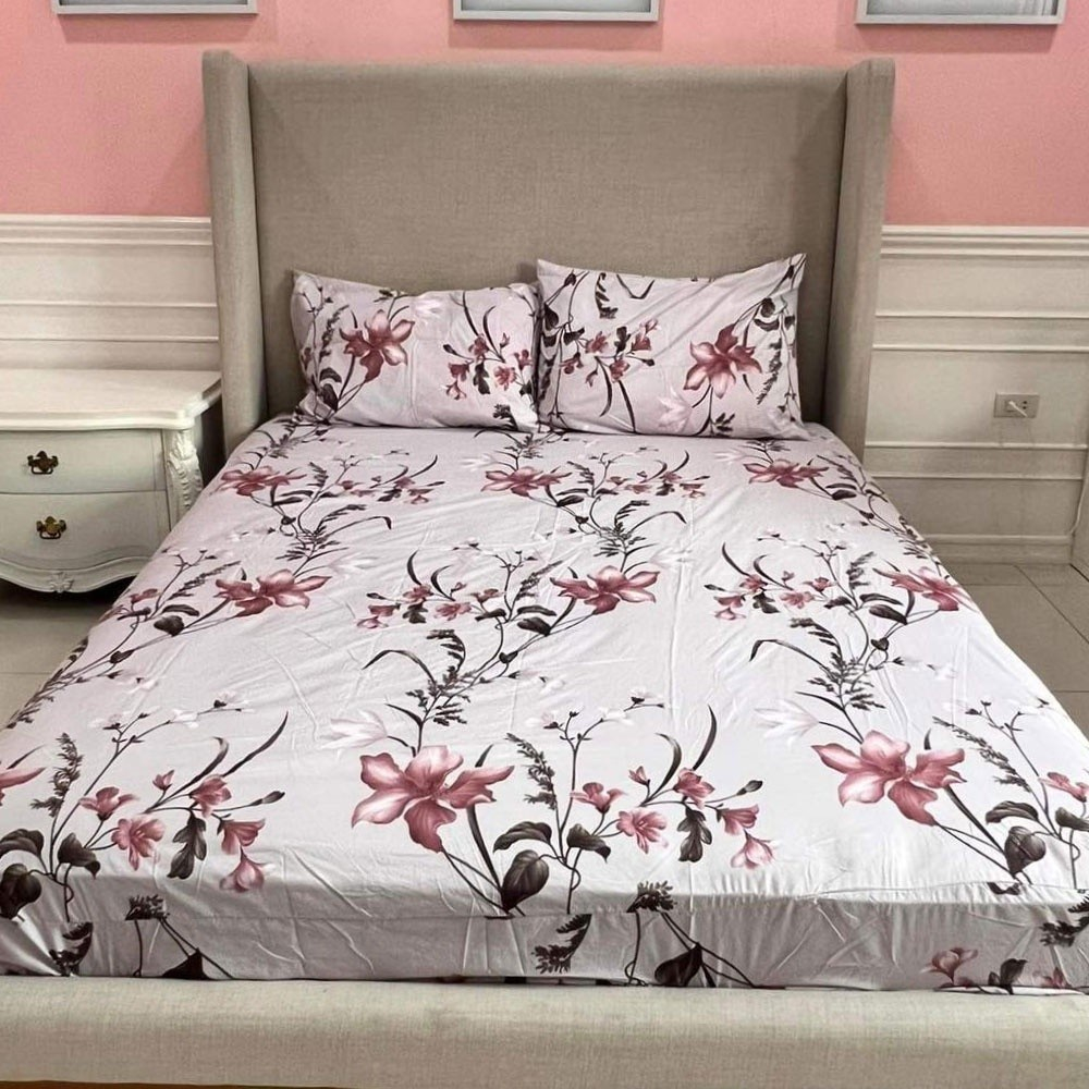 3 in1 Floral Printed Bedsheet Set of 1pc Fitted Bedsheet and 2pcs