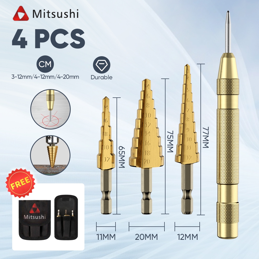 Mitsushi 3/4PCS Step Drill bits Set For Wood Metal Hole Cutter Core ...