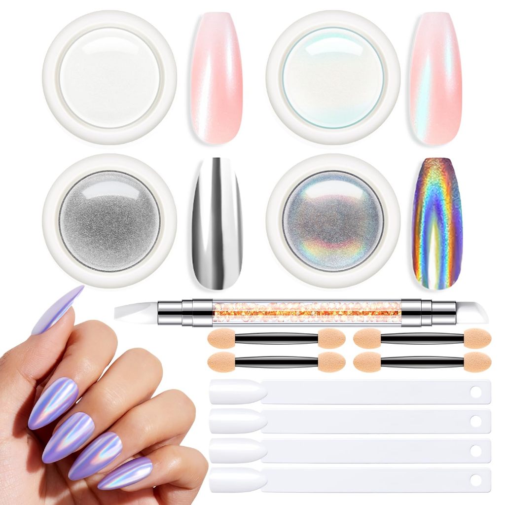 modelones Chrome Powder for Nails 4pcs, Magic White Pearl Chrome Nail