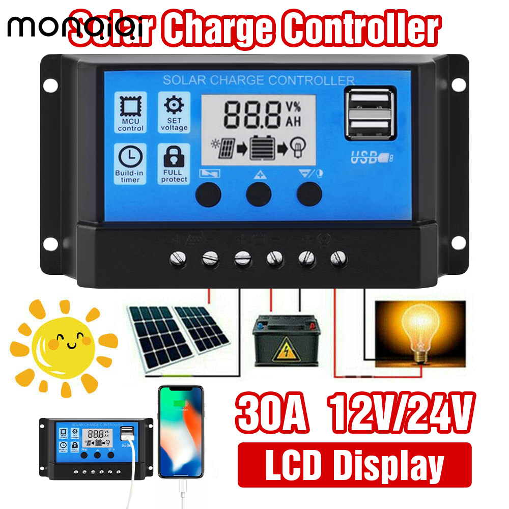 30A PWM Solar Charge Controller 12V/24V Battery Regulator Solar Panel ...