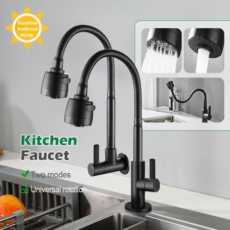 Black Kitchen Faucet 360° Stainless Steel Rotate Flexible Cold Tap Wall ...