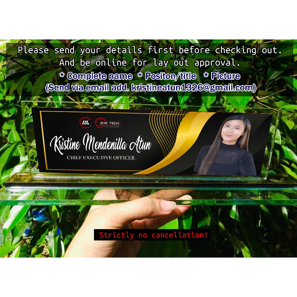 Customized Glass Desk Name/ Table Name Plate Black and Gold background