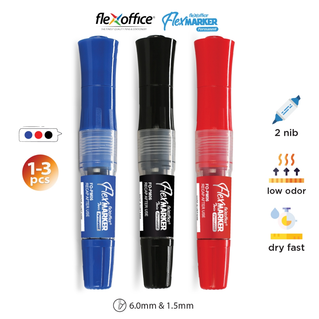 FlexOffice Permanent Marker Twin Nib 0.8 & 6.0mm - 1pc/3pcs - FO-PM06 ...