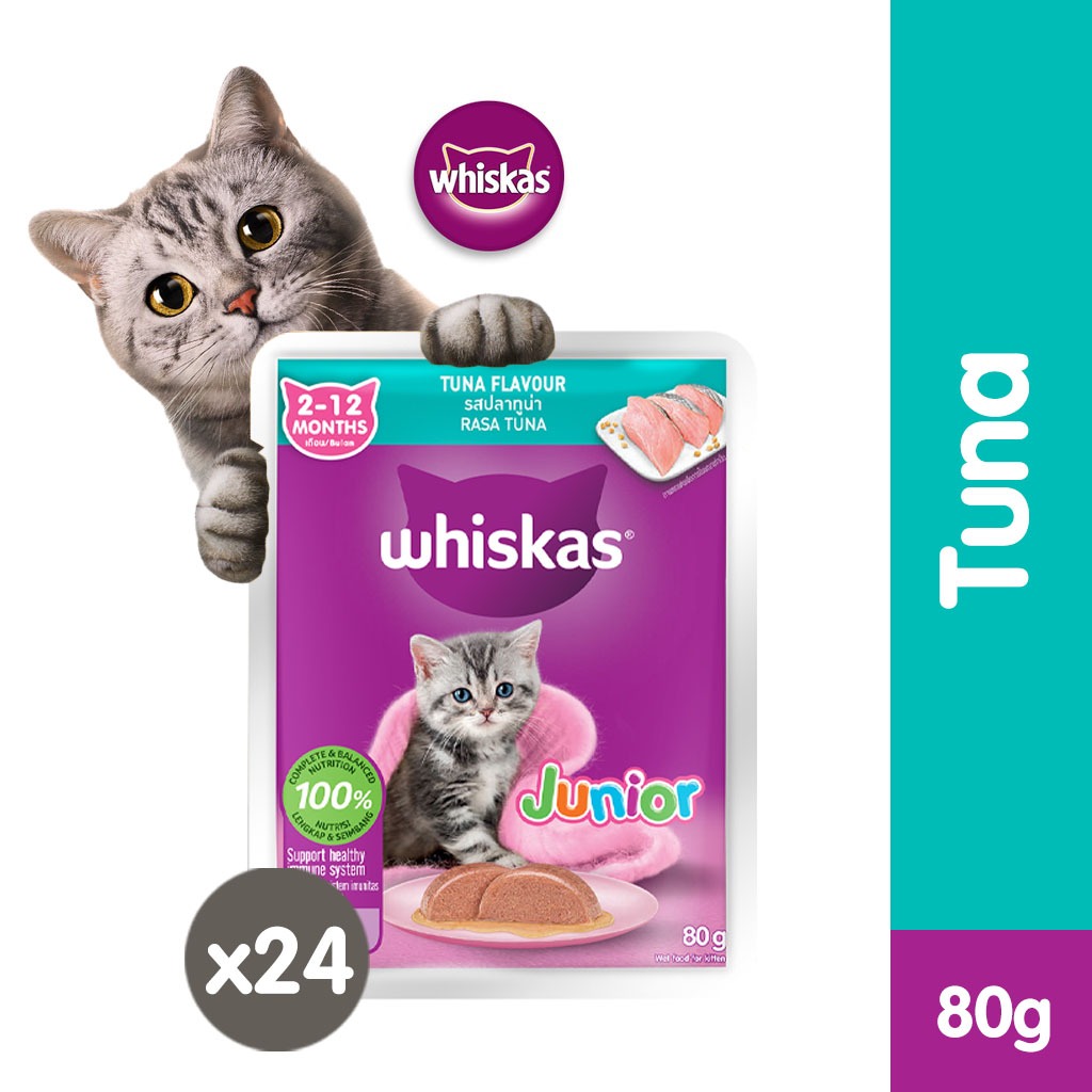 WHISKAS Junior Wet Kitten Food in Tuna Flavor 80g Pouches, 24Pack