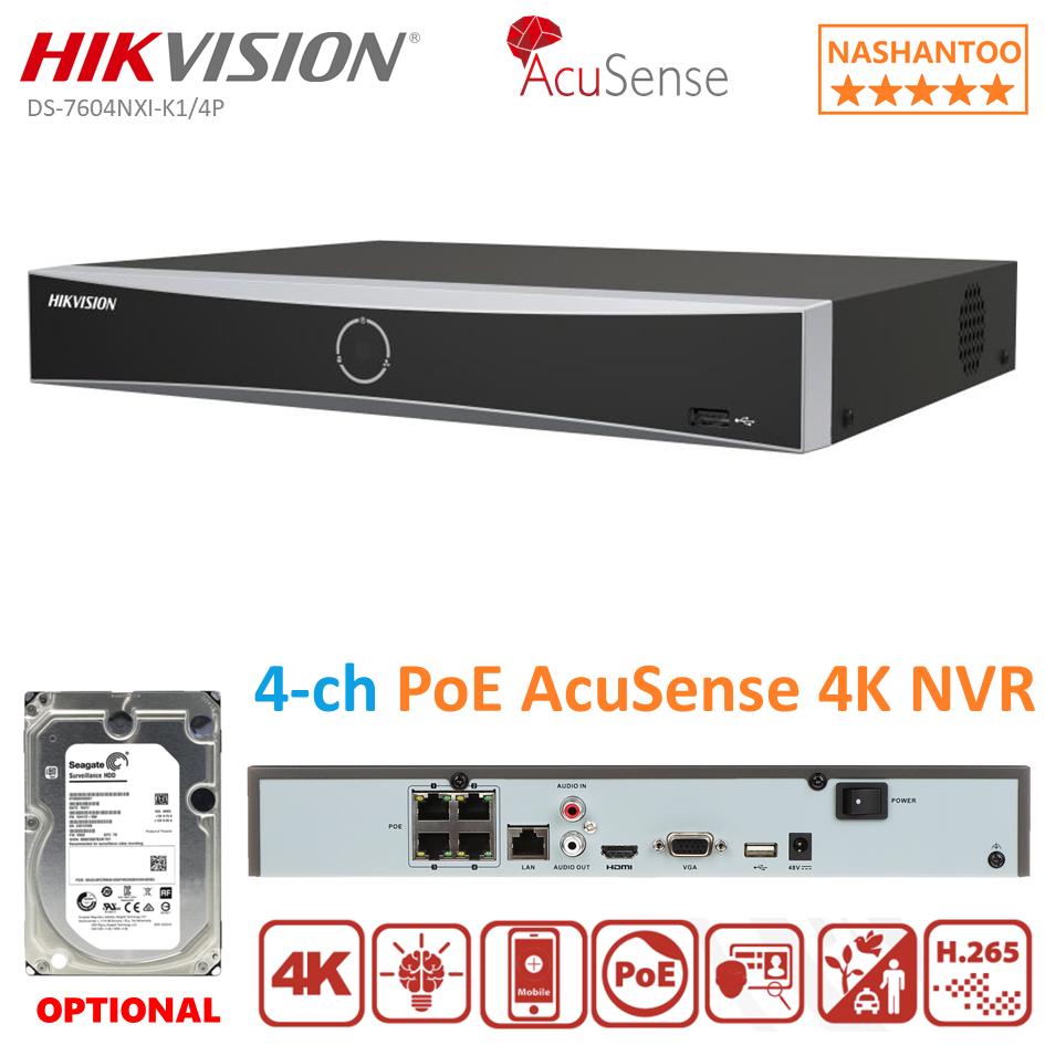 HIKVISION DS-7604NXI-K1/4P 4CH 4PoE AcuSense NVR, H.265 Video ...