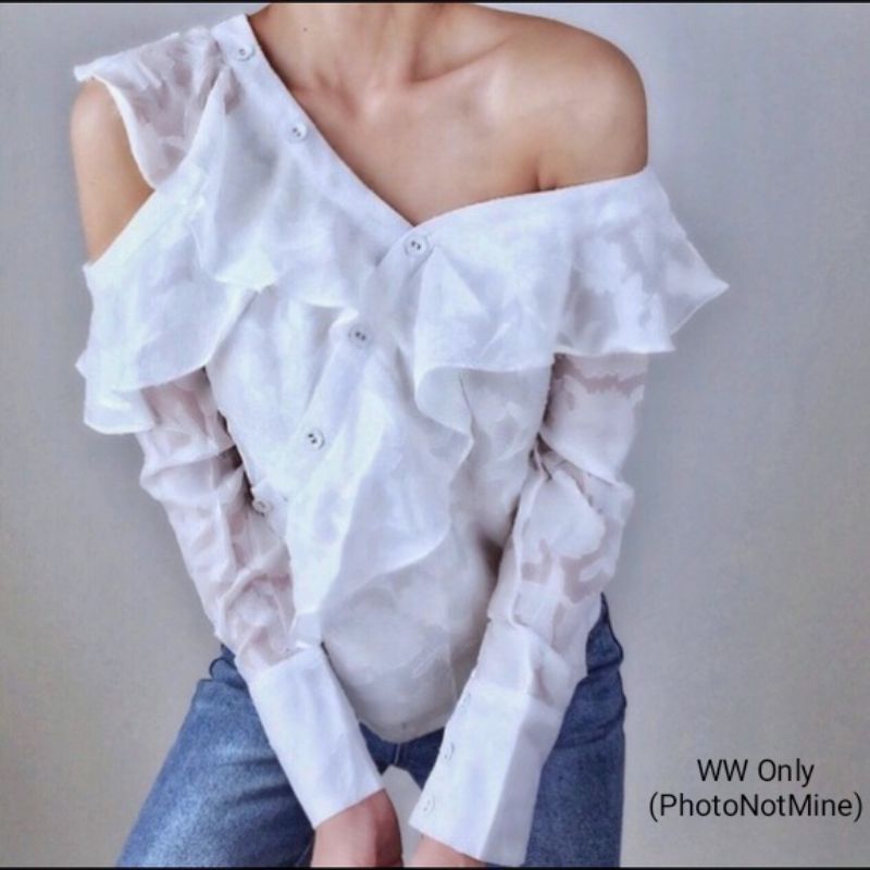 Loose White Asymmetrical Ruffle Blouse