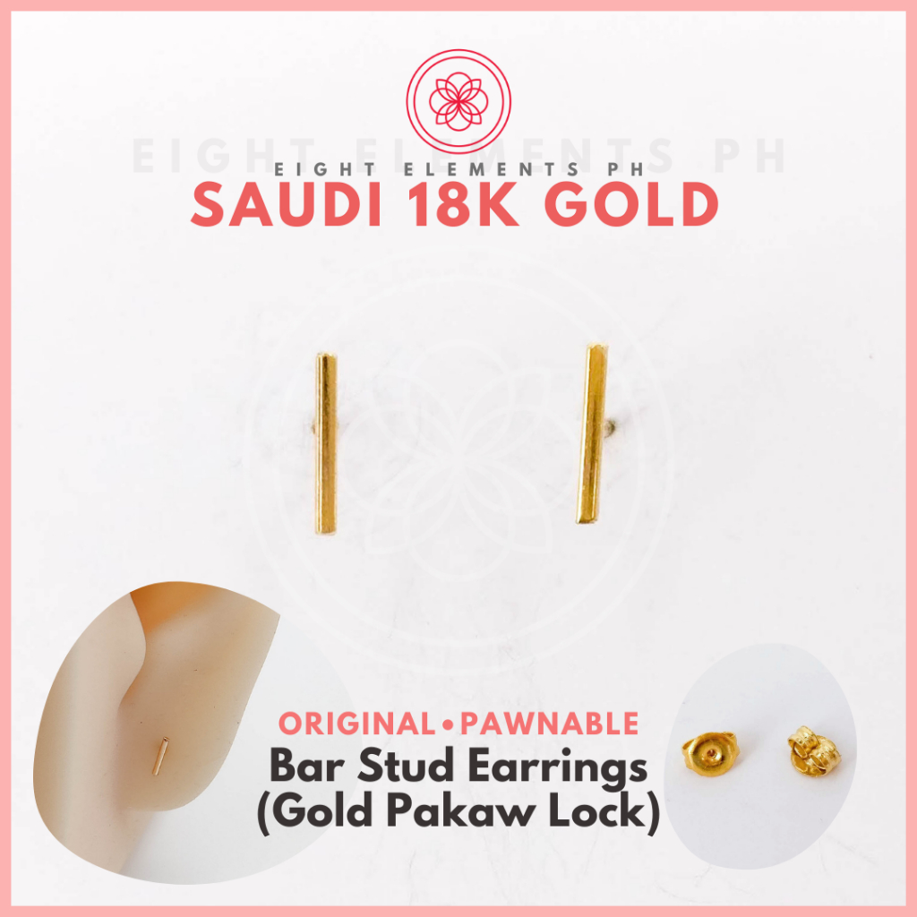 COD PAWNABLE 18k SAUDI GOLD Earrings Minimalist Bar Stud Earrings w ...