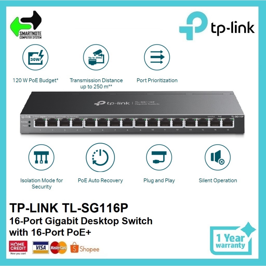 TP-LINK TL-SG116P 16-Port Gigabit Desktop Switch with 16-Port PoE+ ...