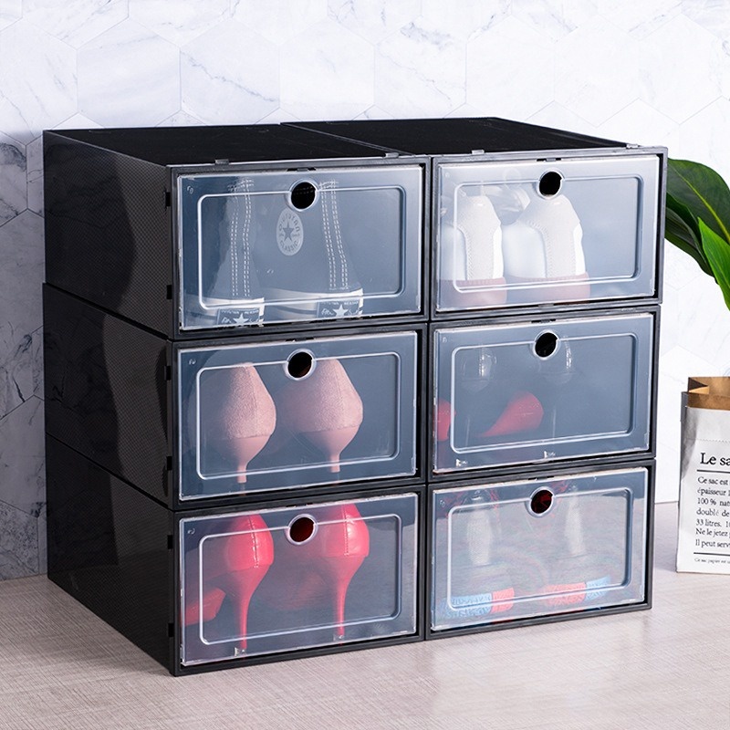 Black Shoe Box Storage Organizer Foldable Transparent Cover Hard ...