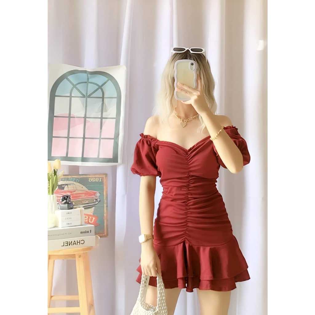 Jelai Mini Dress 2 Way Off Shoulder or Up Ruffles Hem Sexy Plain Outfit for Women Small Semi Large