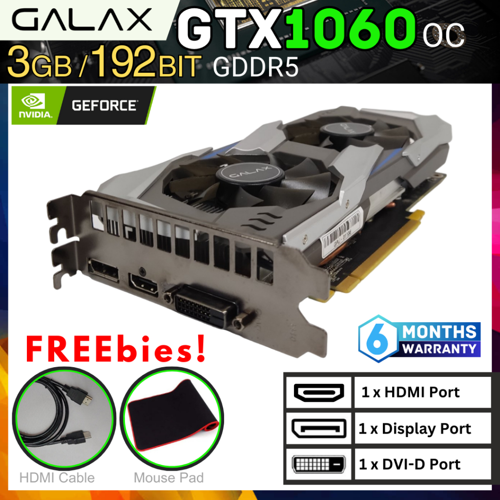 Geforce GALAX gtx 1060 OC 3GB GDDR5 192bit Gaming graphics card - HDMI ...