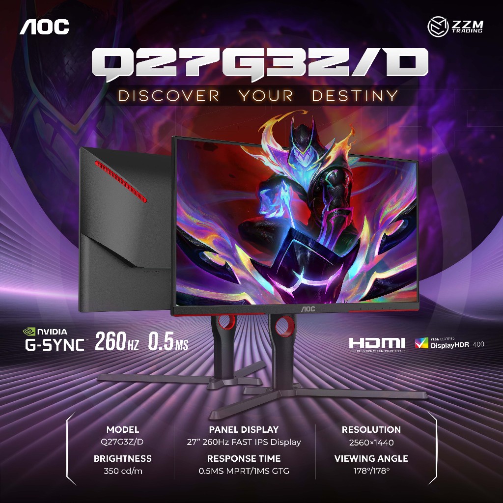 AOC Q27G3Z/D 27 inch Gaming Monitor 169 Fast IPS 2560x1440 260Hz VESA