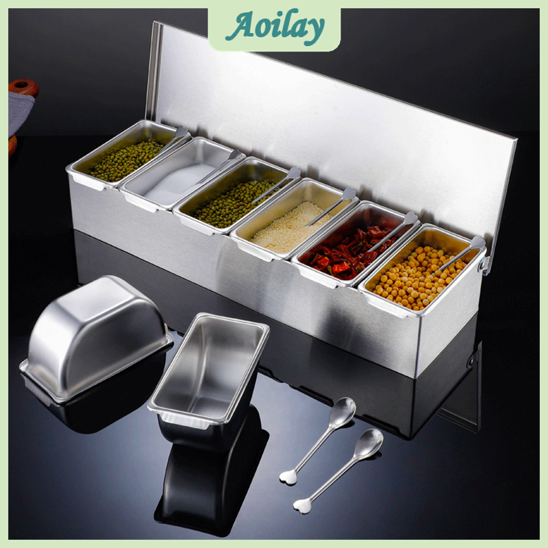 6 IN 1 Stainless Steel Seasoning Box Salt Spice Condiments Container ...