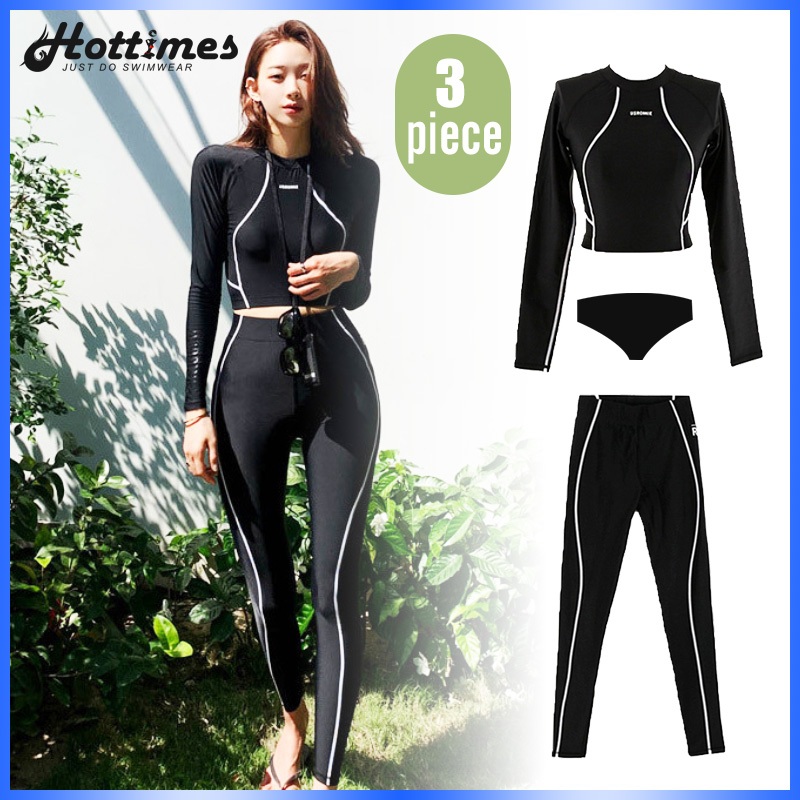 Women’s Rash Guard 3-Piece Surfing Set Korean Black Long Sleeve Wetsuit ...