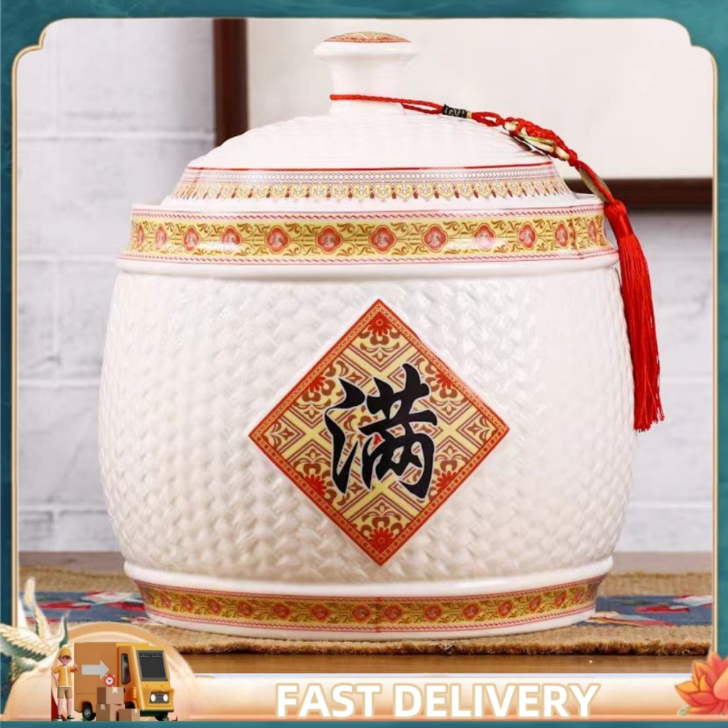 Ceramic rice storage container 5KG/10kilos porcelain clay jar withcover ...