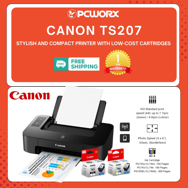 Canon TS207 Inkjet Printer Single Function Compact Printer with Low