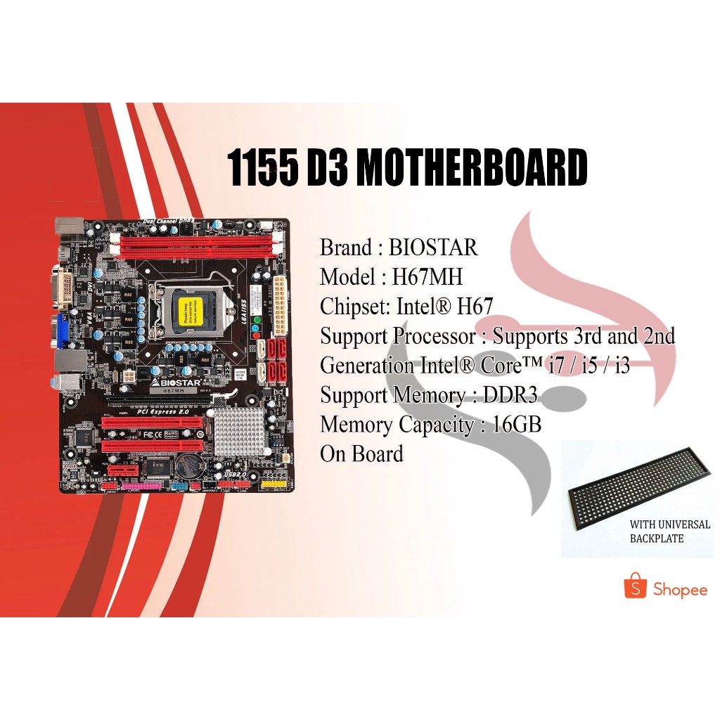 Socket 1155 D3 Motherboard H67 BIOSTAR (With Universal Backplate ...