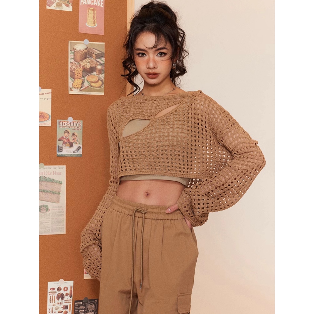 Hollow Out Long Sleeve Top and Skirt Knit Set main image 0