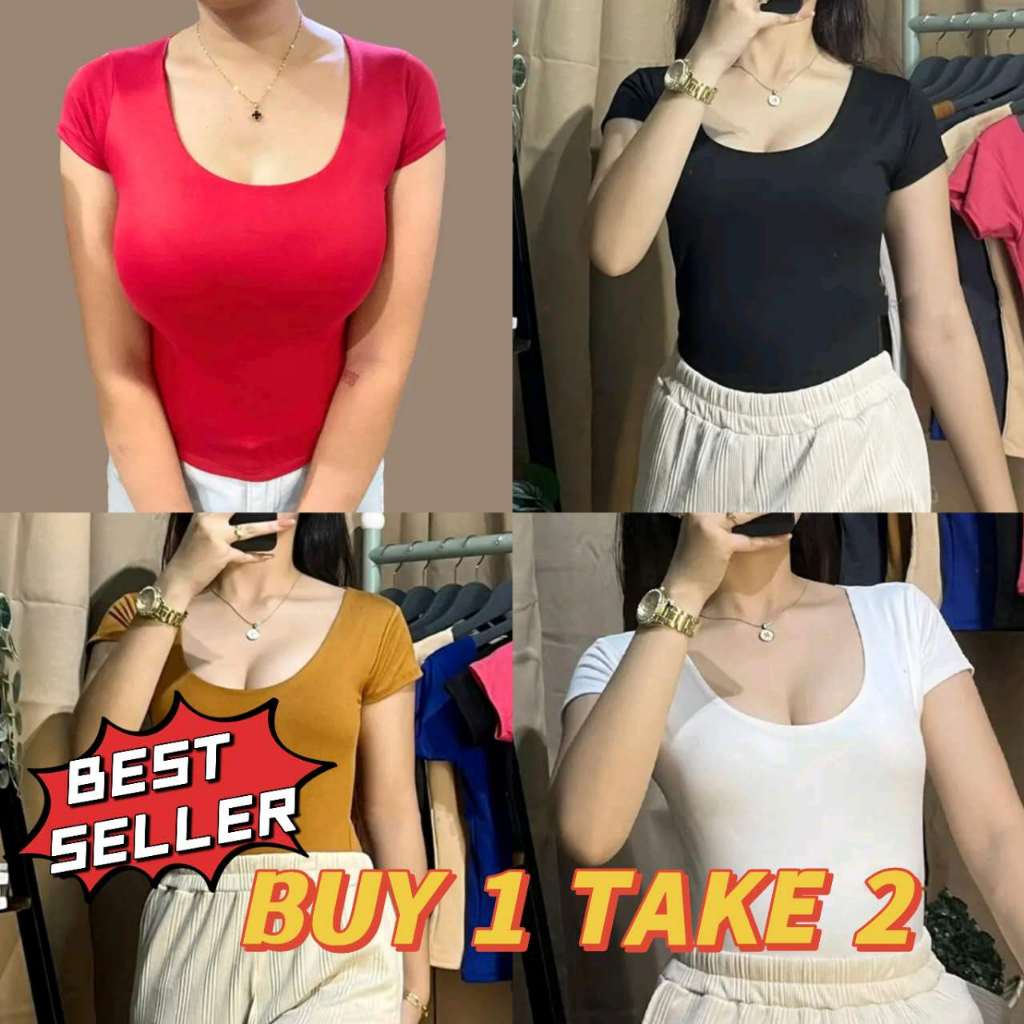 BUY 1 TAKE 2 Double Lining Scoop Neck Basic Length Top For Women short ...