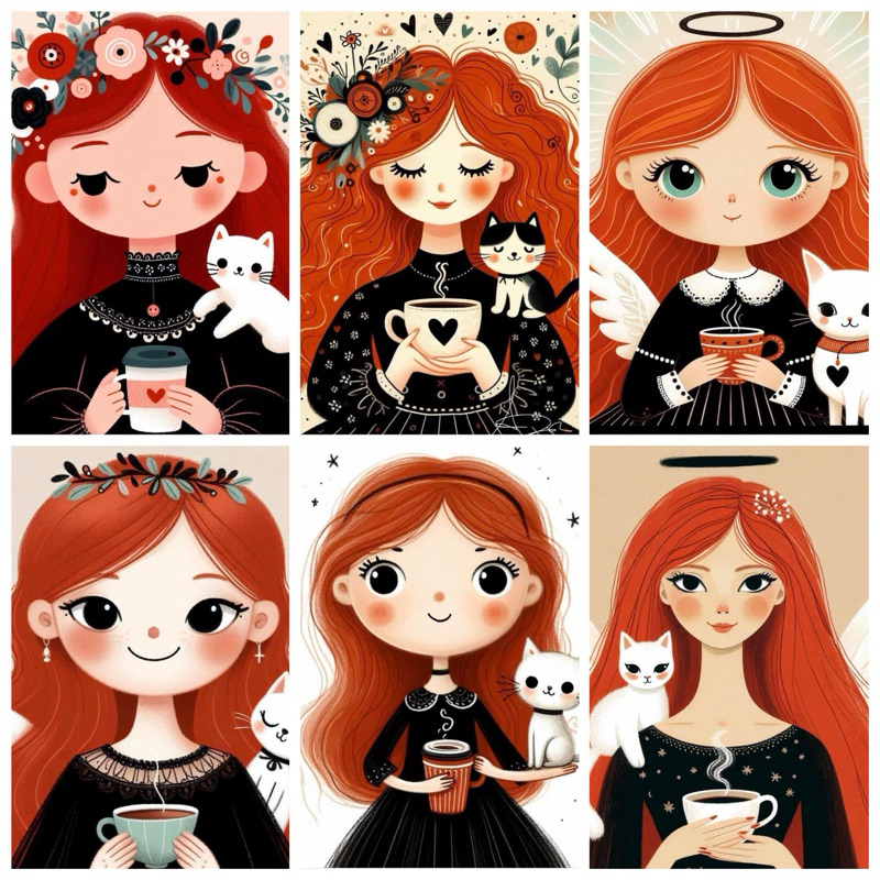 Cute Girl with cat Theme Illustrations Wall Decor A4 Size Laminated ...