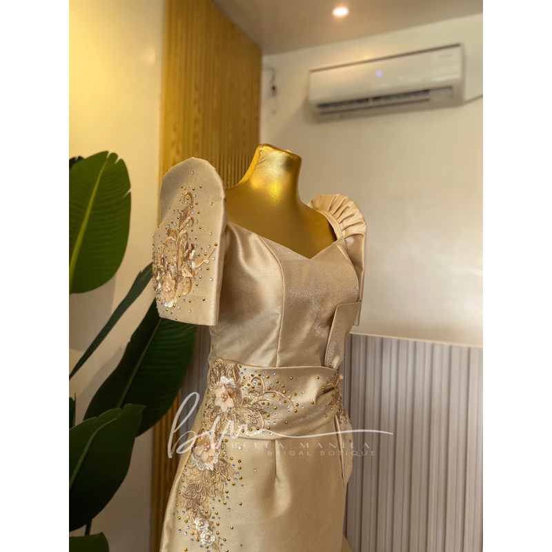 filipiniana dress gold WD07 - Neoprene Mestiza Gown Mocha main image 0