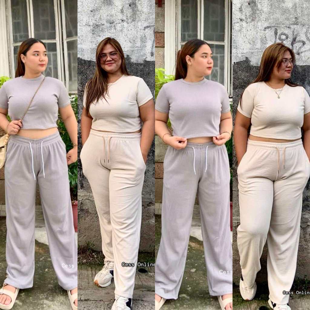 New Plus Size Lazy Terno Outfit Top and Wide Leg Pants For Women. Shopee Philippines