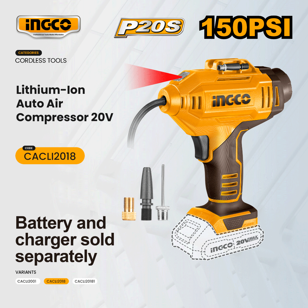 Ingco 20V P20S Lithium-Ion Cordless Auto Air Compressor Tire Inflator ...