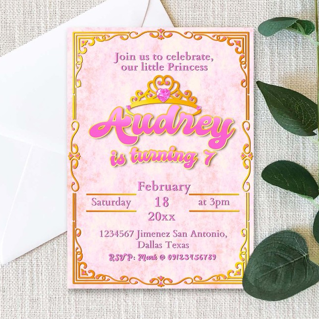 Princess Girl Birthday Invitation Card with Envelope - Pink Royal Theme ...