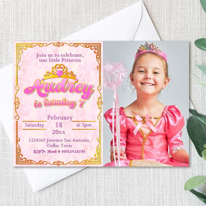 Princess Girl Birthday Invitation Card with Envelope - Pink Royal Theme ...