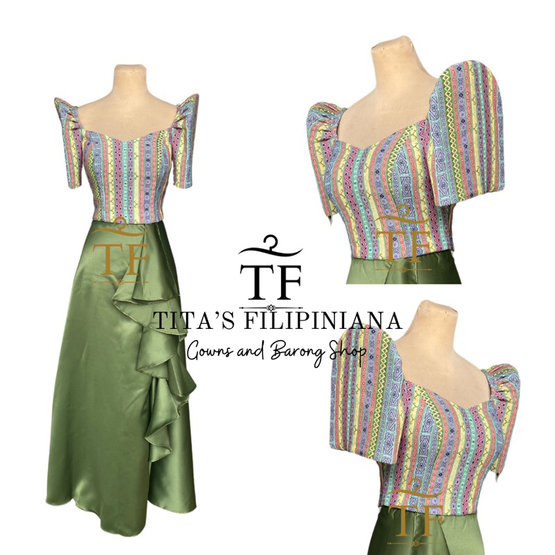 Modern Filipiniana Rainbow Ethnic with Olive Green Ruffles Skirt ...