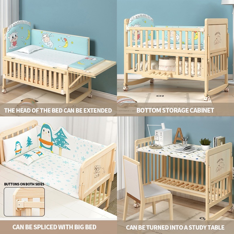 DULEPIG Solid wood crib newborn multifunctional cradle bed with ...
