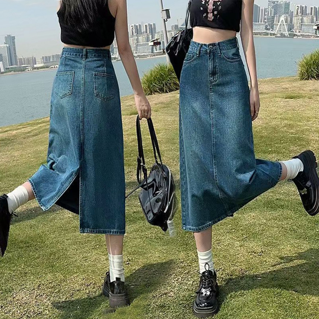 PLUS SIZE Skirt with slit Denim MIDI A line Long Skirt Fashion Korean Denim Skirt Style bigsize HOT Shopee Philippines