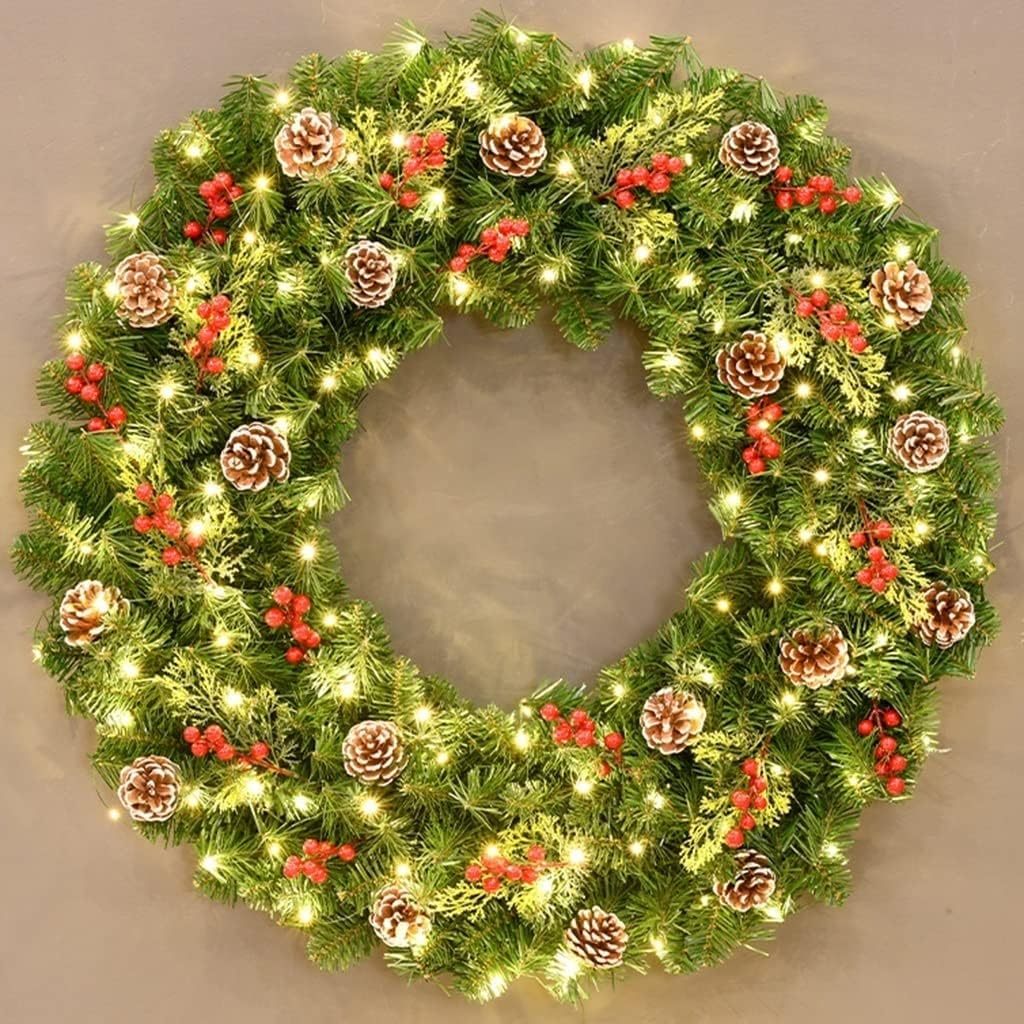 Christmas Wreath for Front Door with Led Lights Pine Cones Red Berries ...