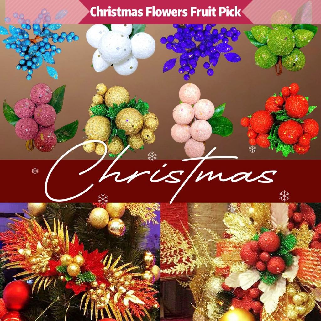 3set christmas glitter flowers christmas fruits xmas flower christmas