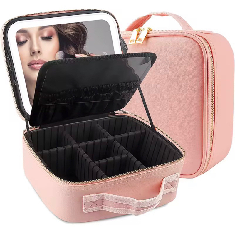 Makeup Bag With Mirror LED Light Organizer