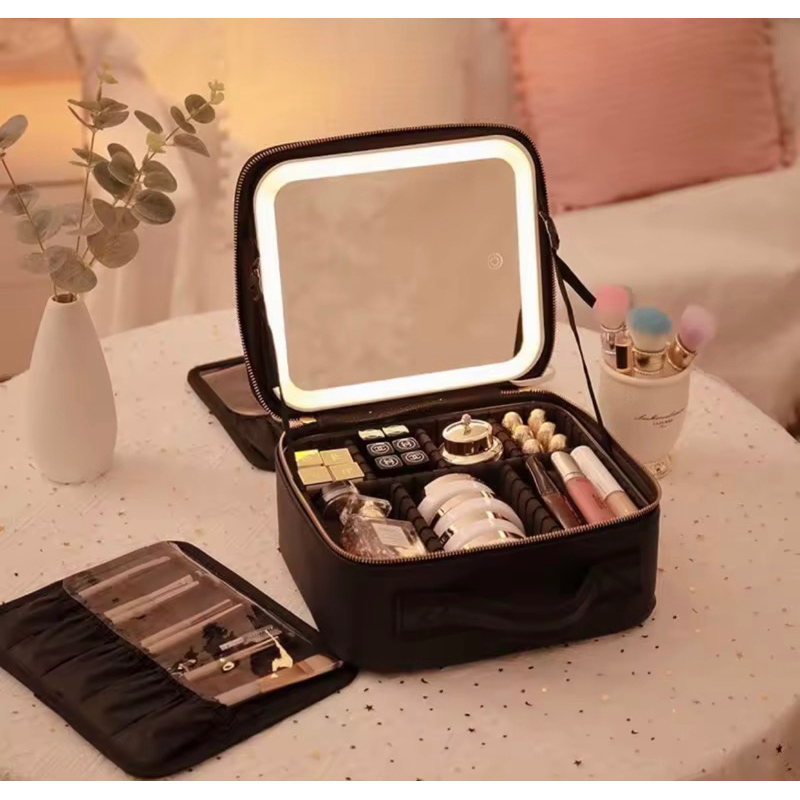Makeup Bag With Mirror LED Light Organizer