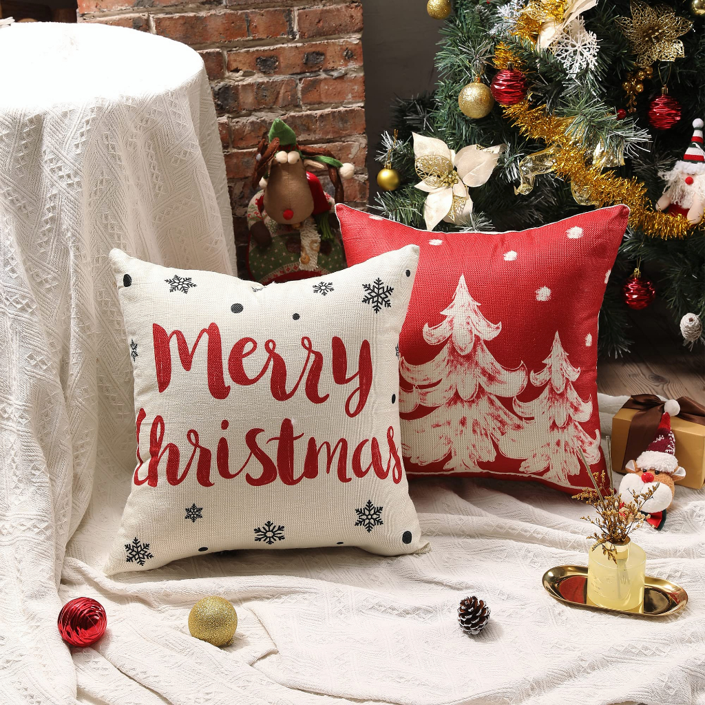Christmas Pillow Case 18 x 18 inch Linen Cushion Cover Throw Pillow