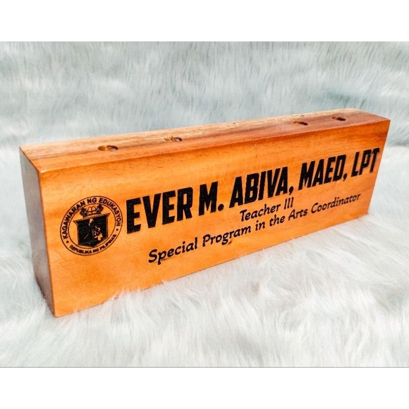 Laser Engraved Wooden Desk Name Plate with pen holders / Customize