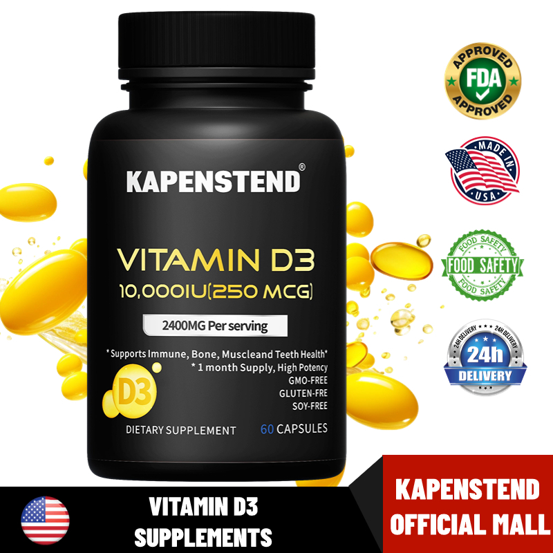 Vitamin D capsules 10000iu (250 mcg) for Healthy Muscle Function, and Immune Support, NonGMO