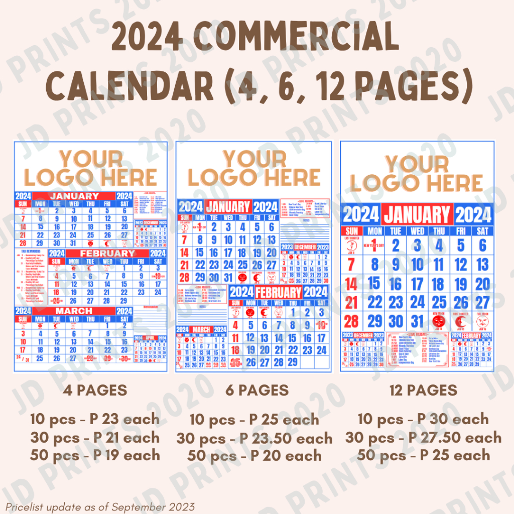 2024 COMMERCIAL CALENDAR LEGAL SIZE Shopee Philippines