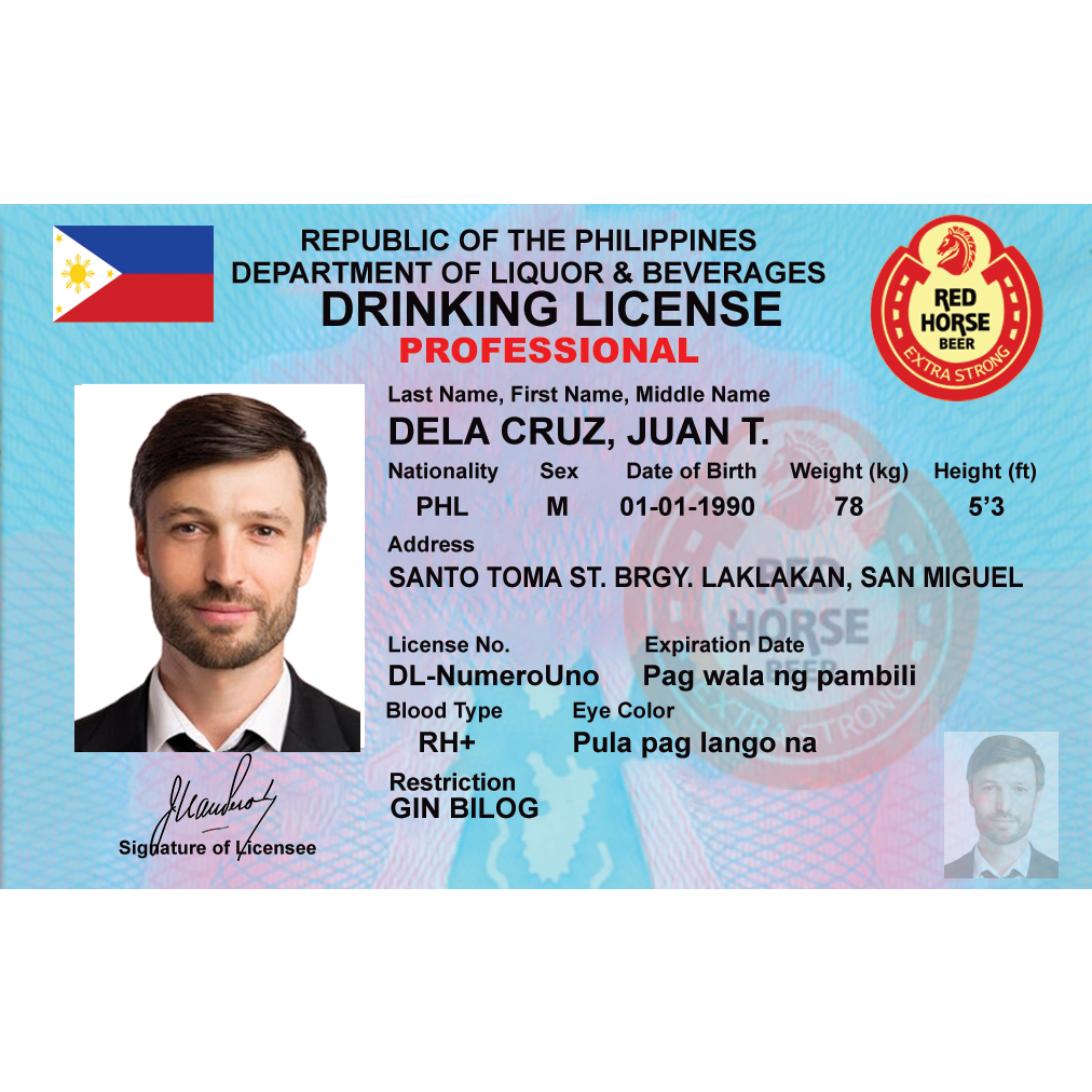 Drinking License Card Personalized for fun and Entertainment only