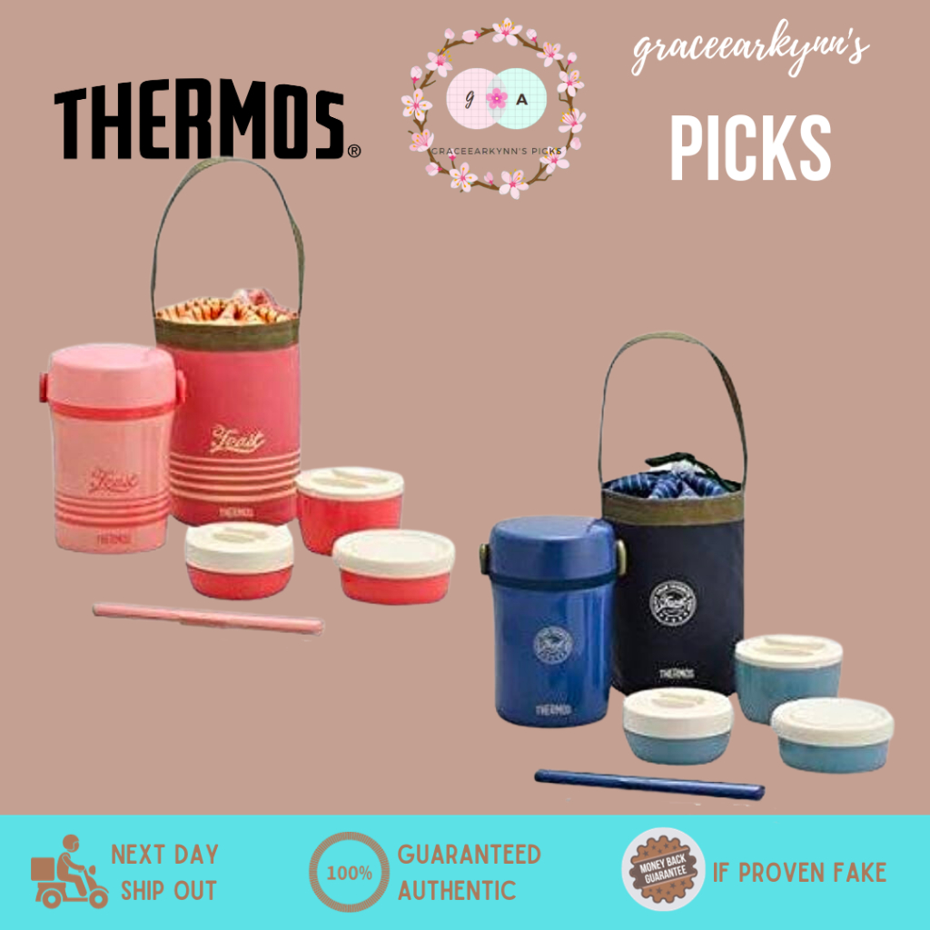 THERMOS Stainless Steel Hot Lunch Jar with Bag Navy Blue Coral Pink